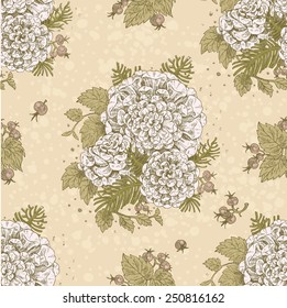 Seamless vintage beige color decorative ornament of stylized flowers and berries