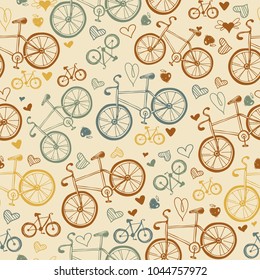 Seamless vintage bicycles pattern. Color icons velocipede on light background. Bike pattern. Sport sketch equipment