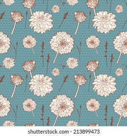 Seamless vintage blue floral pattern with white aster