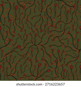 Seamless vintage boho pattern in green tones This tileable design is ideal for textiles, fabric prints, wallpapers, fashion patterns, backgrounds, and creative projects seeking an organic and bohemian style.