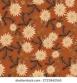 Padrão de boho vintage sem costura em tons mornos marrom-vermelhos, inspirado em arte étnica e texturas artesanais tradicionais. A terracota terrestre e paleta marrom-avermelhada cria uma estética acolhedora, rústica e atemporal. Ideal para design de tecido, tapetes, papéis de parede, decoração interior