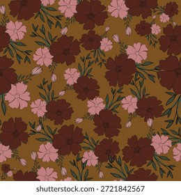 Padrão de boho vintage sem costura em tons mornos marrom-vermelhos, inspirado em arte étnica e texturas artesanais tradicionais. A terracota terrestre e paleta marrom-avermelhada cria uma estética acolhedora, rústica e atemporal. Ideal para design de tecido, tapetes, papéis de parede, decoração interior