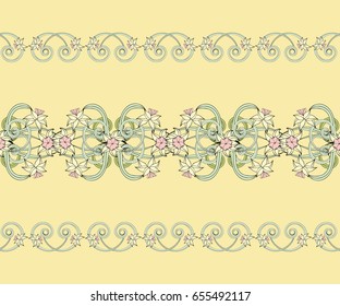 Seamless vintage border in small narcissus. Art nouveau millefleurs. Daffodil the symbol of Wales. Floral background for textile, wallpaper, surface, print, gift wrap, scrapbooking, decoupage.