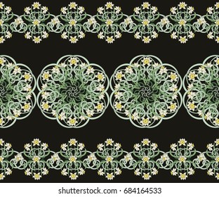 Seamless vintage border in small narcissus. Art nouveau millefleurs. Daffodil the symbol of Wales. Floral background for textile, wallpaper, surface, print, gift wrap, scrapbooking, decoupage.