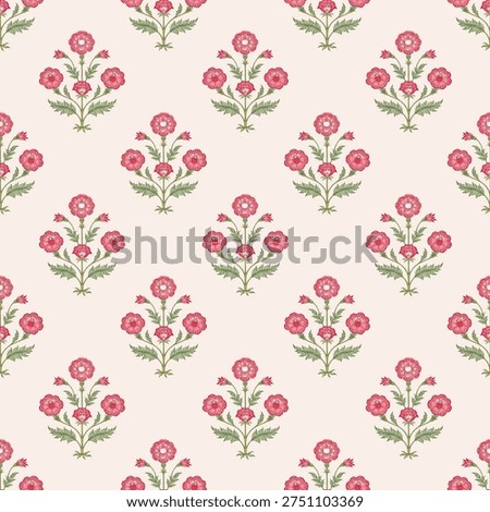 Seamless Vintage Botanical Floral Pattern with Red Flowers and Green Leaves on Beige Background