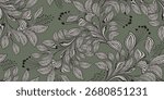 Seamless vintage botanical pattern with hand-drawn, delicate branches and organic ornaments. Muted green background with floral branches, leaves, and minimalist botanical elements. Vector illustration