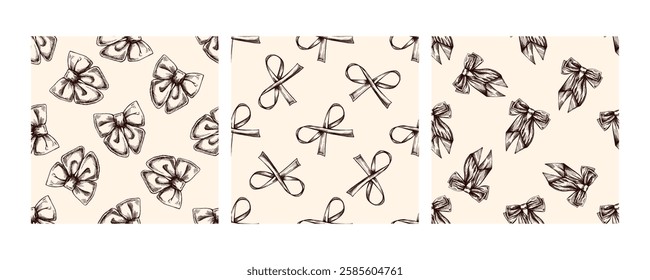 Seamless vintage bow patterns in brown on beige background

