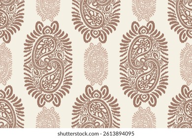 Seamless vintage Brown and white paisley pattern with ornamental design.ikat ethnic motifs on a cream background. Perfect for fabric printing, bohemian home decor, wallpaper design and fashion fabric 