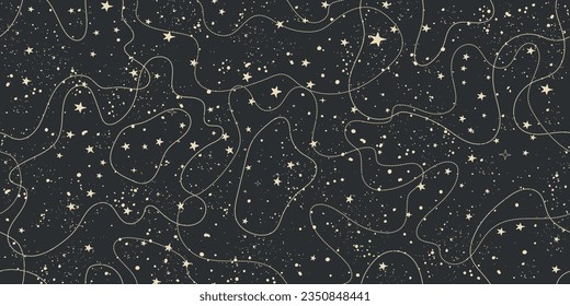 Seamless vintage celestial pattern with stars on black sky, astrological background for zodiac signs, tarot vector art, mystical night for divination. Magic space ornament.