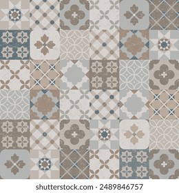 Seamless vintage ceramic tiles patchwork pattern. Vector hand drawn background with pastel colors.