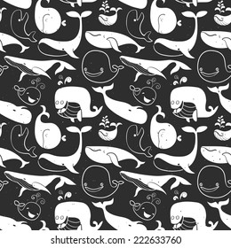 Seamless vintage chalk Whale background. Hand drawn vector illustration.