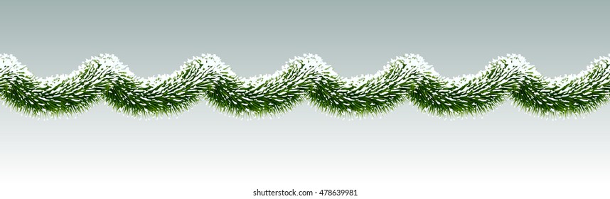 Seamless vintage christmas border from xmas tree branches and snow. Vector hanging decoration on winter background. 