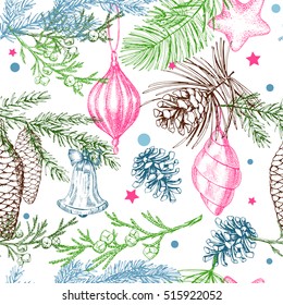 Seamless vintage Christmas pattern. Hand drawn conifers: larch, juniper, pine, spruce. Sketch vector illustration. Fir branches, cones and decorations. 