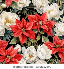 Seamless vintage Christmas vector background with red poinsettia and white peony flowers.