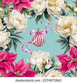 Seamless vintage Christmas vector background with pink poinsettia and white peony flowers.