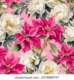 Seamless vintage Christmas vector background with pink poinsettia and white peony flowers.