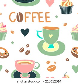 Seamless vintage coffee pattern with coffee grains,hearts, lettering and cups. Pattern can be used for surface textures, wallpaper, pattern fills, web page background. 