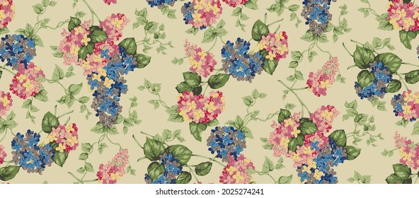 Seamless vintage country floral fabric design. Tiled background wallpaper.