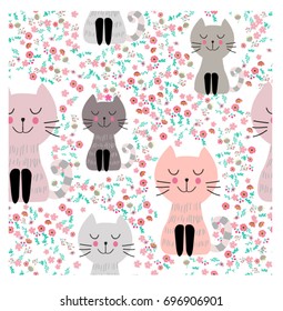 Seamless Vintage cute kitty cat pastel pink blue colorful romantic flowers background pattern,spring summer doodle comic cartoon hand draw art,illustration vector for invitation card