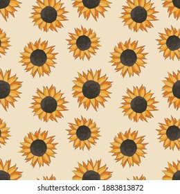 Seamless vintage cute sunflower pattern - All over retro floral print - Vector