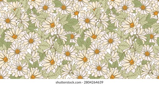 Seamless vintage daisy floral pattern with soft sage green leaves and warm ivory blossoms. Elegant botanical repeat for fabric, wallpaper, wrapping paper, home decor, and stationery