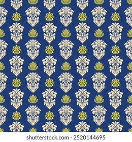 Seamless vintage  damask floral pattern for wallpaper and fabric decor featuring flowers, leaves, and decorative elements in a retro style