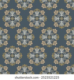 Seamless vintage damask floral pattern in beige and blue, elegant baroque ornament design for textile and wallpaper. Intricate retro background with ornate motifs, perfect for interior decoration.