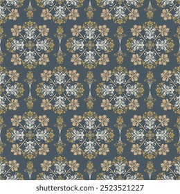 Seamless vintage damask floral pattern in beige and blue, elegant baroque ornament design for textile and wallpaper. Intricate retro background with ornate motifs, perfect for interior decoration.