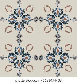 Seamless vintage damask floral tile design in blue and earthy tones, perfect for textile prints and home decor.