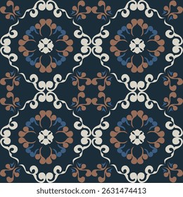 Seamless vintage damask floral tile design in blue and earthy tones, perfect for textile prints and home decor.