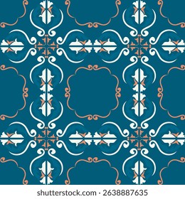 Seamless vintage damask floral tile design in blue and earthy tones, perfect for textile prints and home decor.