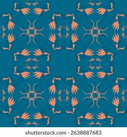 Seamless vintage damask floral tile design in blue and earthy tones, perfect for textile prints and home decor.