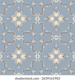 Seamless vintage damask floral tile design in light blue and pastel tones, perfect for textile prints and home 