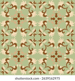 Seamless vintage damask floral tile design in green-brown and earthy tones, perfect for textile prints and home decor.