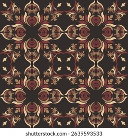 Seamless vintage damask floral tile design in dark brown and earthy tones, perfect for textile prints and home decor.