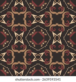 Seamless vintage damask floral tile design in dark brown and earthy tones, perfect for textile prints and home decor.