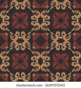 Seamless vintage damask floral tile design in dark brown and earthy tones, perfect for textile prints and home decor.