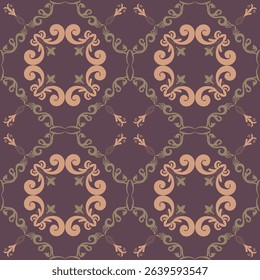 Seamless vintage damask floral tile design in dark brown and earthy tones, perfect for textile prints and home decor.