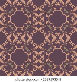 Seamless vintage damask floral tile design in dark brown and earthy tones, perfect for textile prints and home decor.