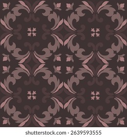 Seamless vintage damask floral tile design in dark brown and earthy tones, perfect for textile prints and home decor.