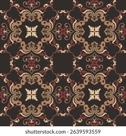 Seamless vintage damask floral tile design in dark brown and earthy tones, perfect for textile prints and home decor.
