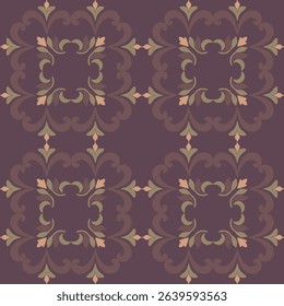 Seamless vintage damask floral tile design in dark brown and earthy tones, perfect for textile prints and home decor.
