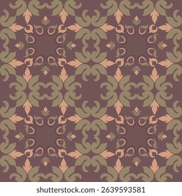 Seamless vintage damask floral tile design in dark brown and earthy tones, perfect for textile prints and home decor.