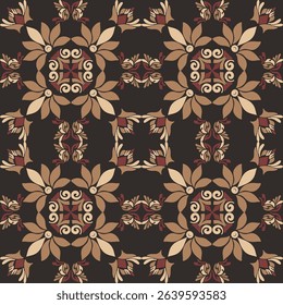 Seamless vintage damask floral tile design in dark brown and earthy tones, perfect for textile prints and home decor.