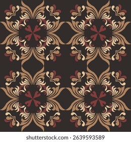 Seamless vintage damask floral tile design in dark brown and earthy tones, perfect for textile prints and home decor.