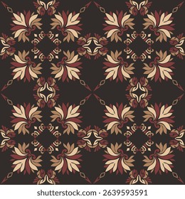 Seamless vintage damask floral tile design in dark brown and earthy tones, perfect for textile prints and home decor.