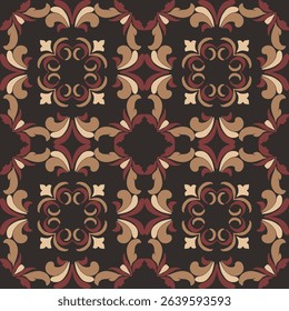 Seamless vintage damask floral tile design in dark brown and earthy tones, perfect for textile prints and home decor.