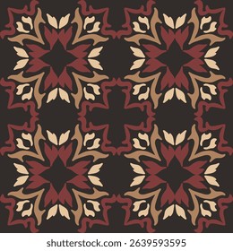 Seamless vintage damask floral tile design in dark brown and earthy tones, perfect for textile prints and home decor.