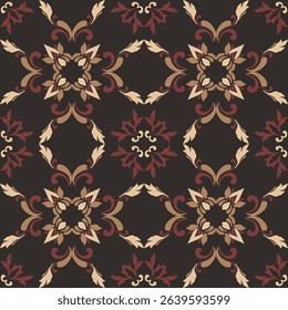 Seamless vintage damask floral tile design in dark brown and earthy tones, perfect for textile prints and home decor.
