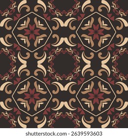 Seamless vintage damask floral tile design in dark brown and earthy tones, perfect for textile prints and home decor.